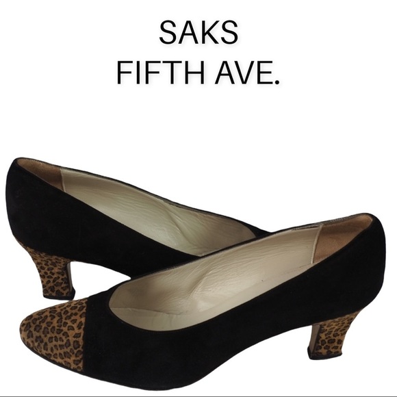 Saks Fifth Avenue sz 9 black leopard suede pumps - Picture 1 of 16